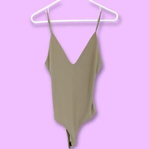 Day & Night SMALL Cream Beige Thong Bodysuit Top stretchy plunge V Neck